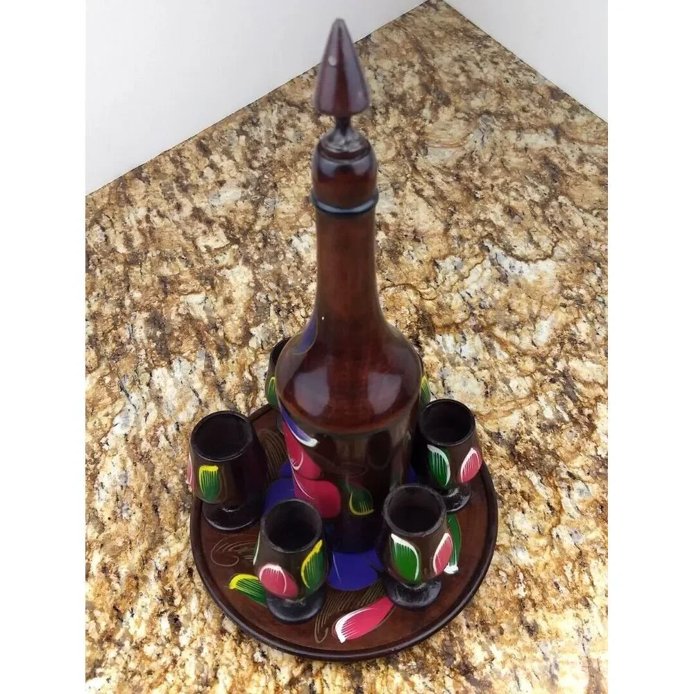 VTG Turned Wood Decanter Set w/ 6 Goblet Shot Glasses & Tray Hand Painted Floral